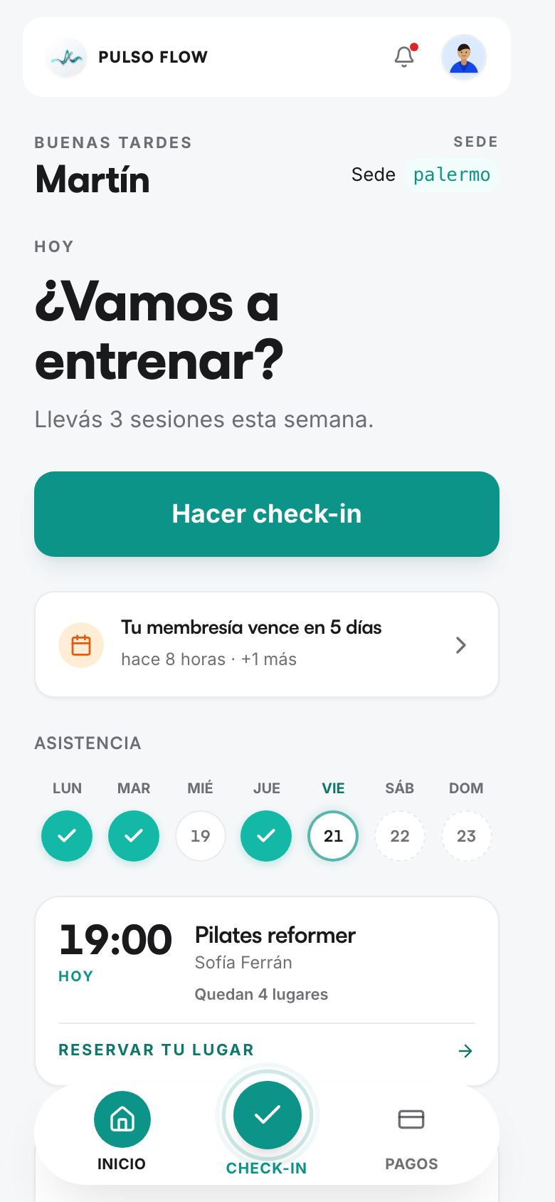 Inicio de la app del socio con el botón Hacer check-in
