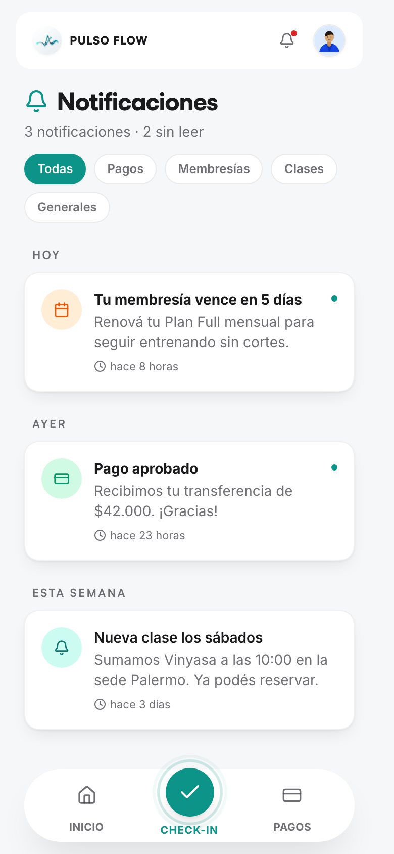 Bandeja de notificaciones en la app del socio