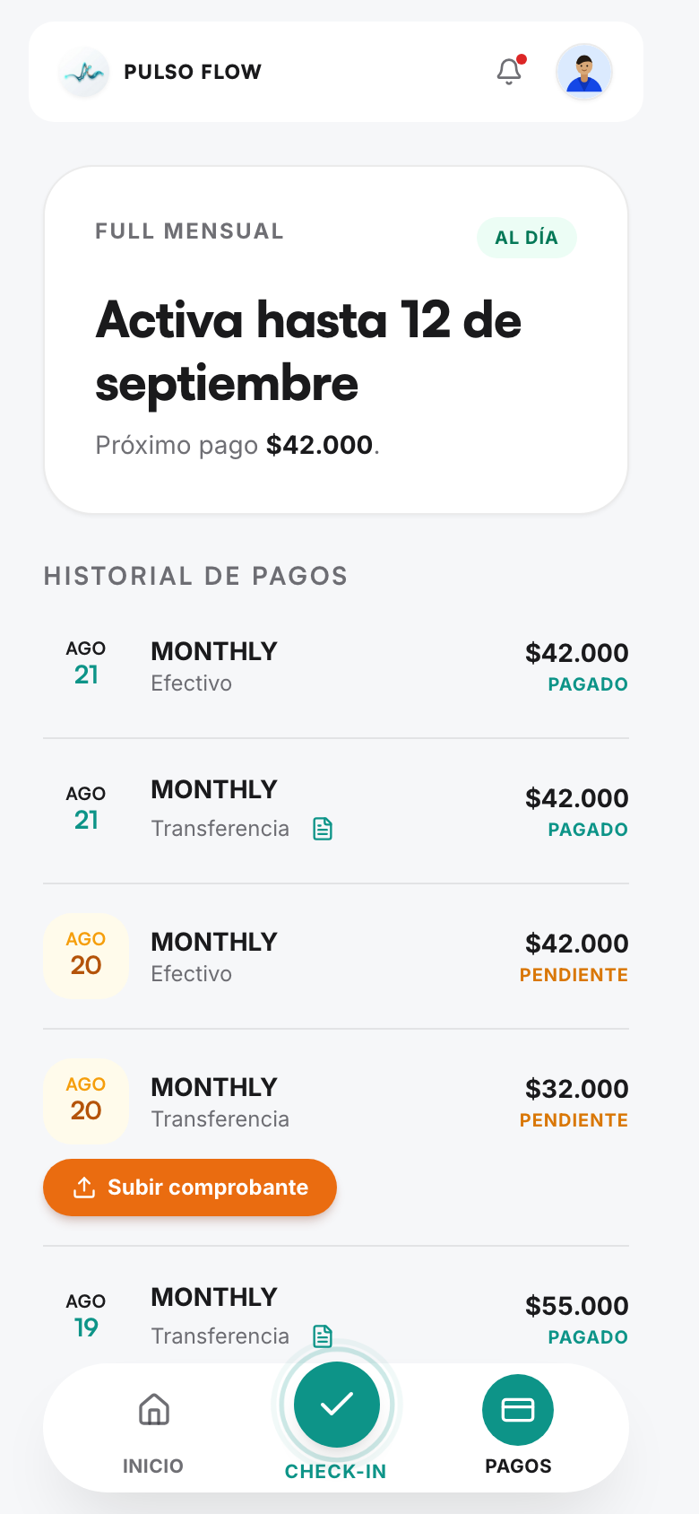 Historial de pagos en la app del socio con el botón Subir comprobante