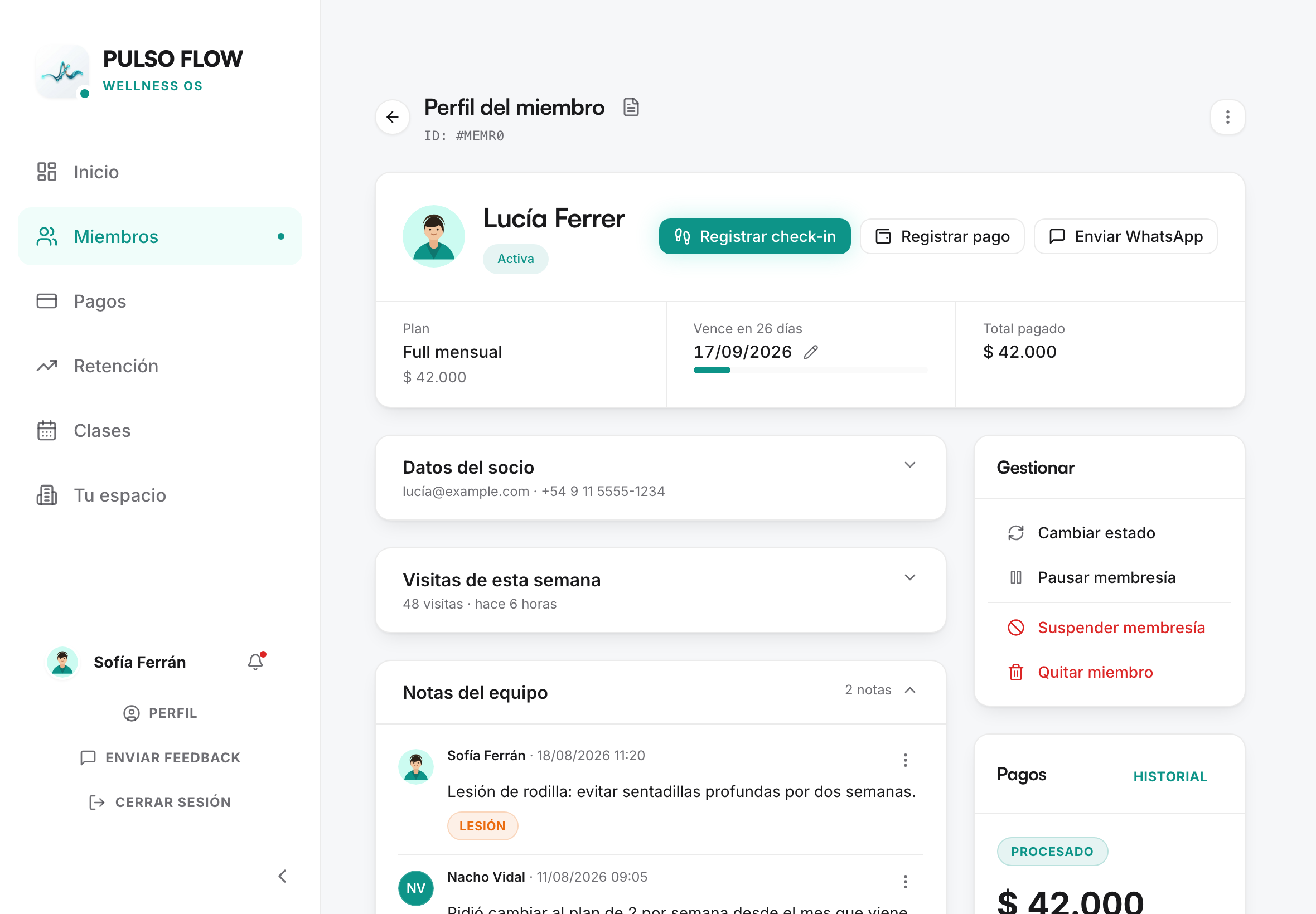Ficha del socio con plan, vencimiento, visitas y notas del equipo
