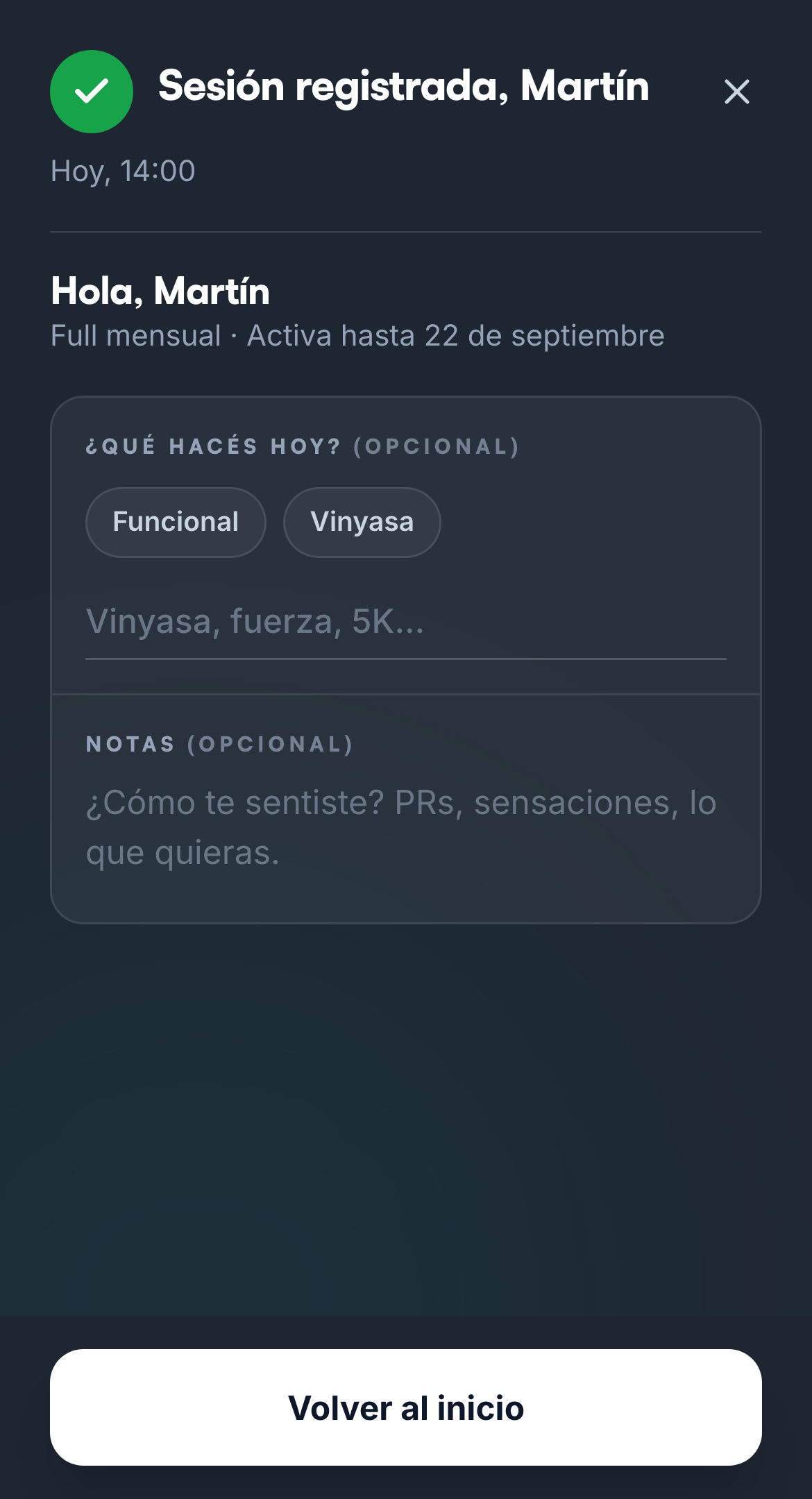 Pantalla de check-in registrado en el celular del socio