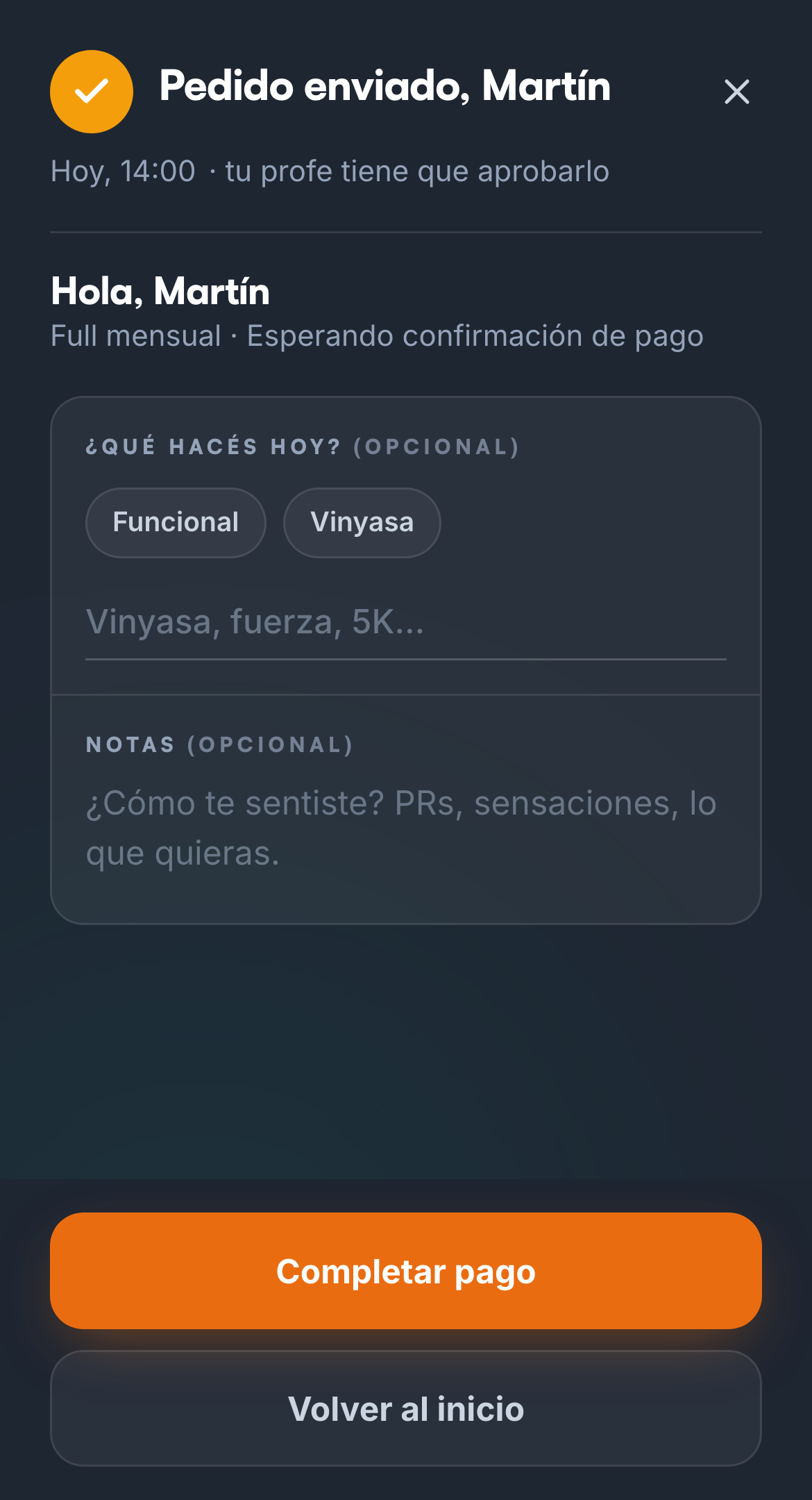 Pantalla de pedido de check-in enviado, esperando aprobación