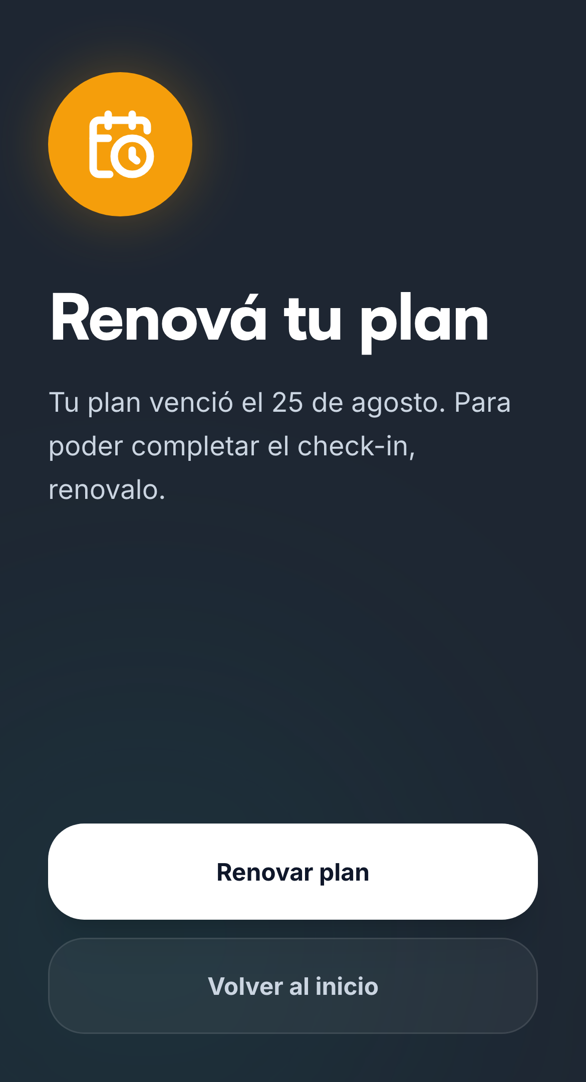 Pantalla que bloquea el check-in por membresía vencida