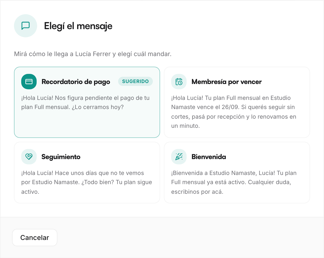 Selector de mensajes de WhatsApp con vista previa de cada plantilla