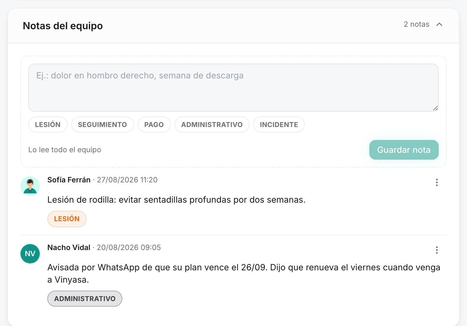 Notas del equipo en el perfil del socio con etiqueta Administrativo